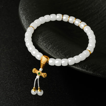 Hetian Jade Bracelet, Exquisitely Carved Straight-Cut White Jade Beads, Vajra Pestle & Five-Script Single-Circle Handheld Bangle