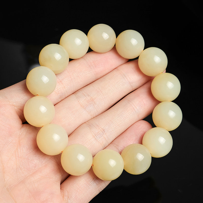 Unisex Hetian Jade Bracelet, Honey Water Tone Glossy Round Beads
