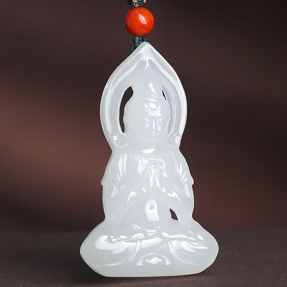 Pale Cyan & White Hetian Jade Guanyin Pendant, Men's Jade Ornament