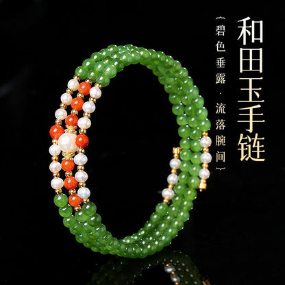 High-oil Apple Green Hetian Jasper Multi-loop Bracelet, Small Bead Bangle Style, Festival Gift