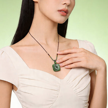 Double-Sided Carved Square Safety Buckle Pendant, Yellow-Green Hetian Jade, Holiday Gift with Cord & Certificate