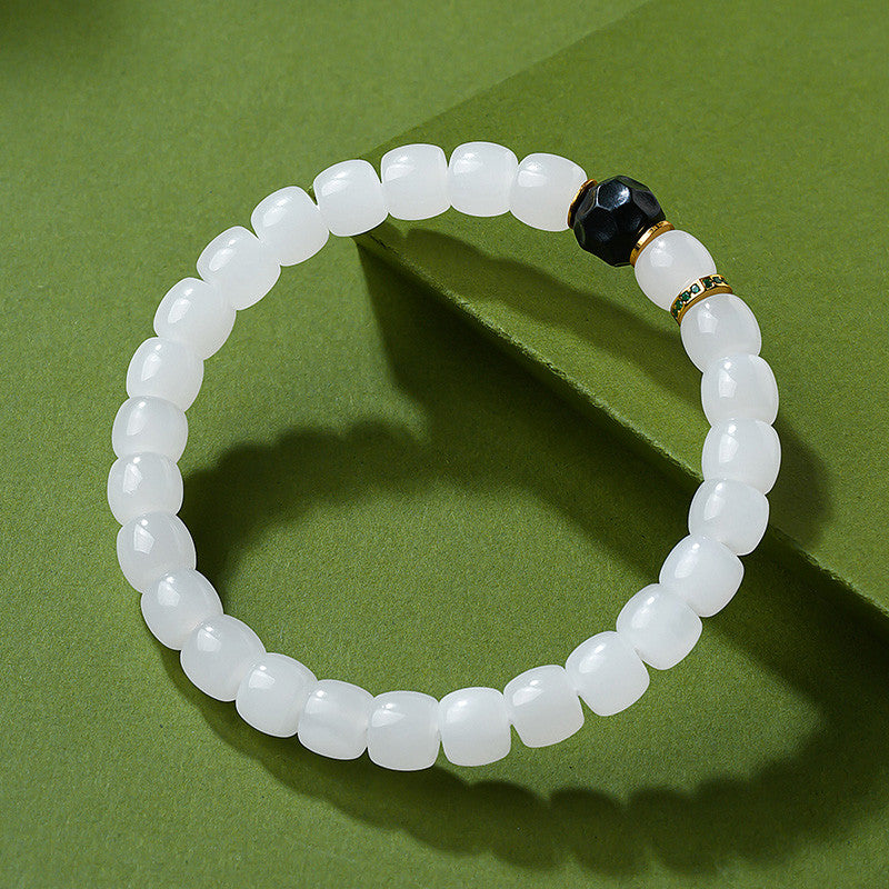 Custom-made White Hetian Jade Straight-cut Plain Bead Bracelet, Unisex Single-loop Jade Bangle