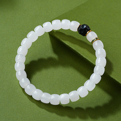 Custom-made White Hetian Jade Straight-cut Plain Bead Bracelet, Unisex Single-loop Jade Bangle