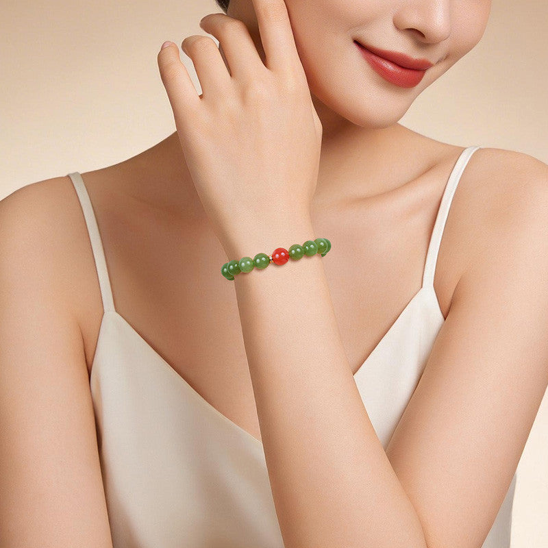 High Oil & Translucent Pale Cyan Hetian Jade Bracelet, Round Bead Single-loop Bangle for Women