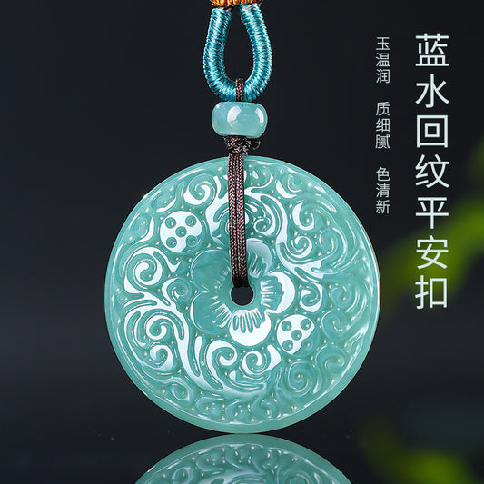 Blessing & Longevity | Blue Water Jadeite Swirl Pattern Safety Buckle Pendant, Women’s Holiday Gift