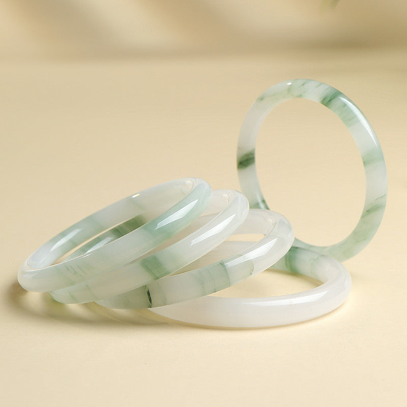 Icy Green Floating Strip Quartzite Bangle, Tianshan Cui Round Bar Jade Bracelet