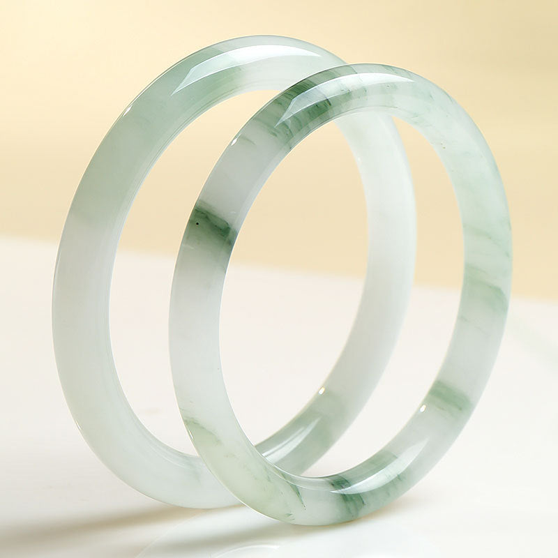 Icy Green Floating Strip Quartzite Bangle, Tianshan Cui Round Bar Jade Bracelet