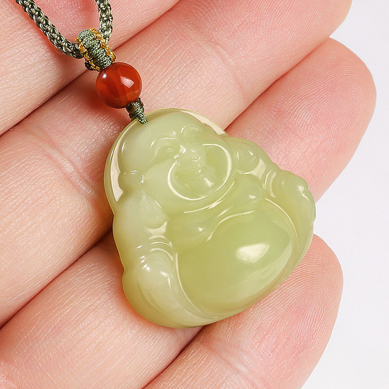 Warm Hetian Yellow Jade Maitreya Buddha Pendant, Plump Buddha Charm, Festival Gift