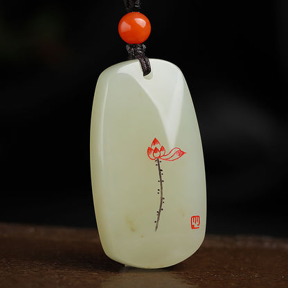 Master's Unique Piece, Hetian Jade Plain Pendant with Linear Carved Lotus, Unisex Jade Plaque