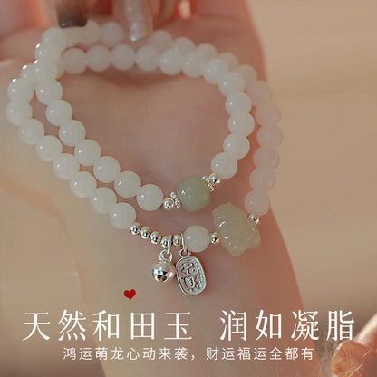 Cute Dragon Baby Hetian Jade Bracelet with S925 Silver, Chinese Style Jewelry for Women, Birthday Gift for Girlfriend, With Certificate & Collectible Value