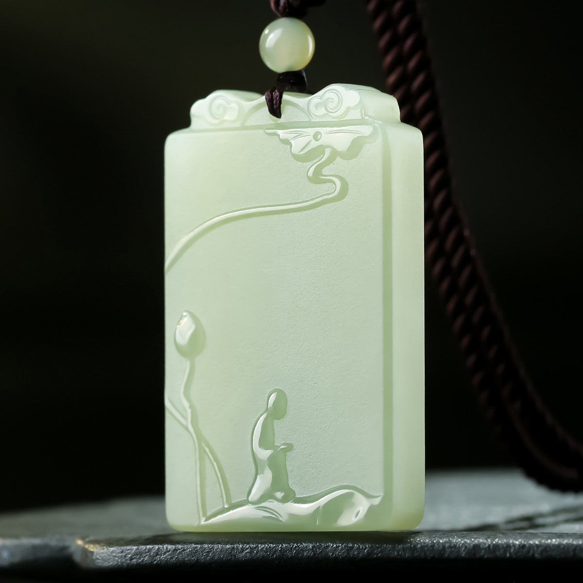 Pale Cyan Hetian Jade Enlightenment Plaque, Flower Blooms to See Buddha Jade Pendant
