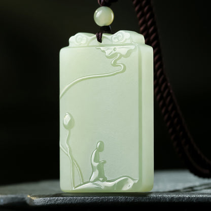 Pale Cyan Hetian Jade Enlightenment Plaque, Flower Blooms to See Buddha Jade Pendant