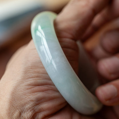 57MM Natural Grade A Ice Species Emerald Bangle, Translucent Fine Texture White Base with Green Floating Pattern Round Bracelet, With Certificate & Collectible High-Grade Jade Jewelry