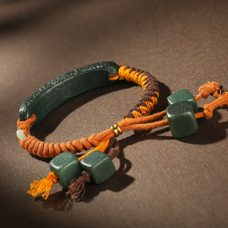 Dark Green Hetian Jade Bracelet for Men, Jade Beads with Brand Hand Rope, Holiday Gift