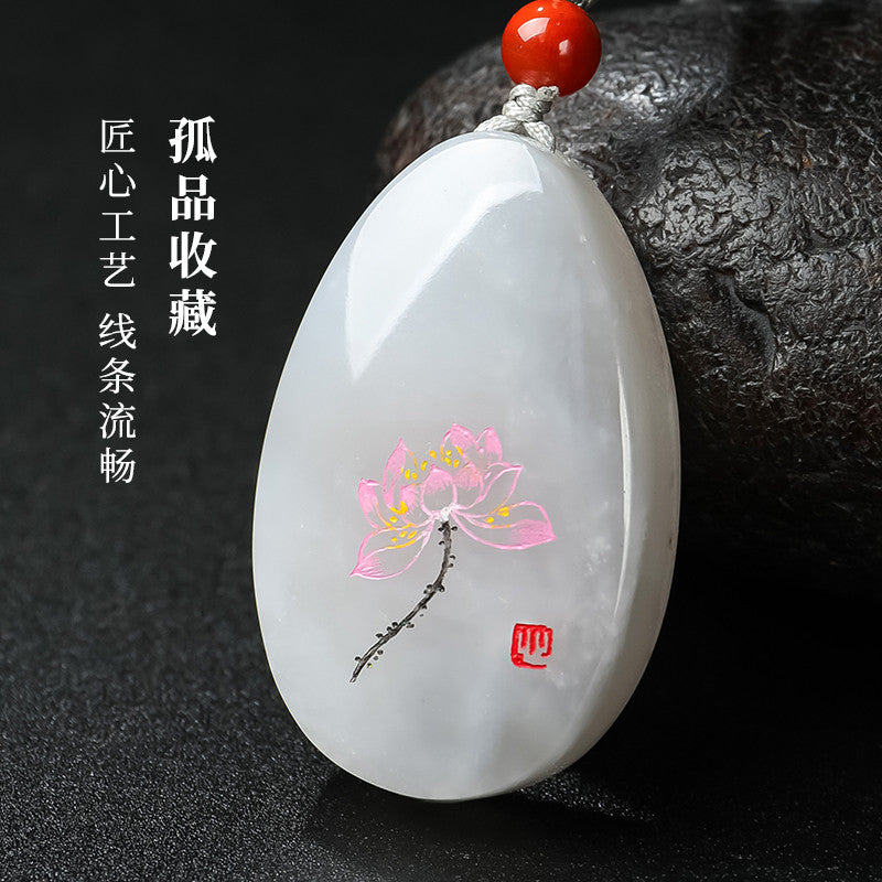 [Unique Item] Hetian Jade Pendant with Artistic Line-Carved Lotus, Unisex Jade Charm, Holiday Gift With Certificate