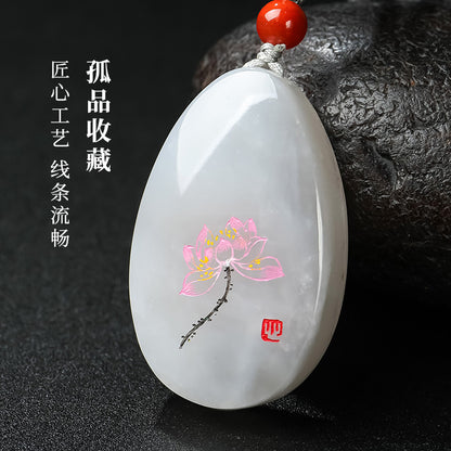 [Unique Item] Hetian Jade Pendant with Artistic Line-Carved Lotus, Unisex Jade Charm, Holiday Gift With Certificate