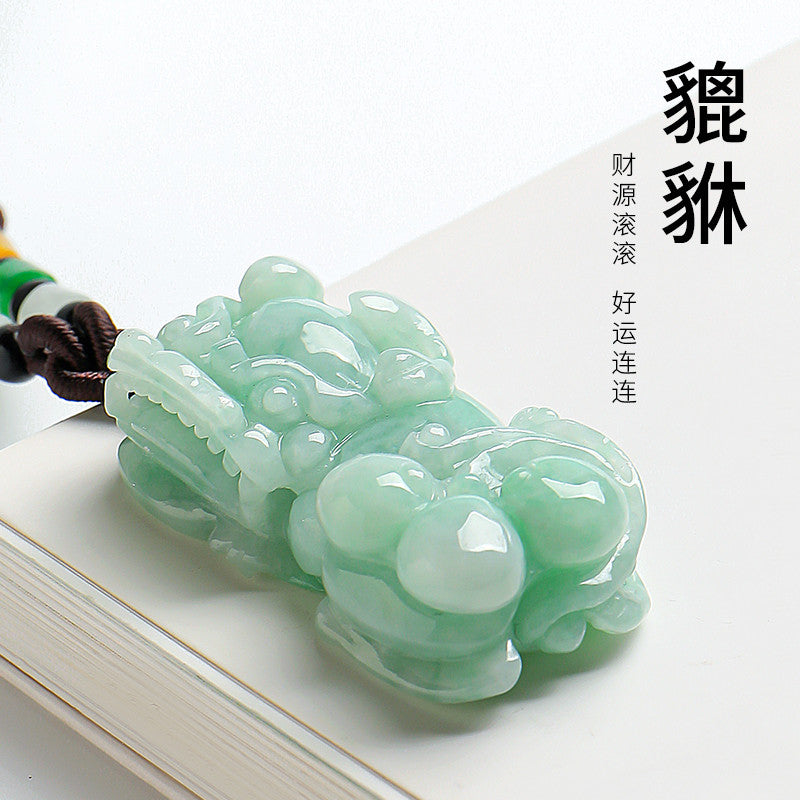 Floating Green Emerald Pixiu Pendant, Auspicious Mythical Beast Jade Charm