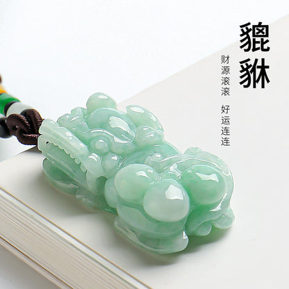 Floating Green Emerald Pixiu Pendant, Auspicious Mythical Beast Jade Charm