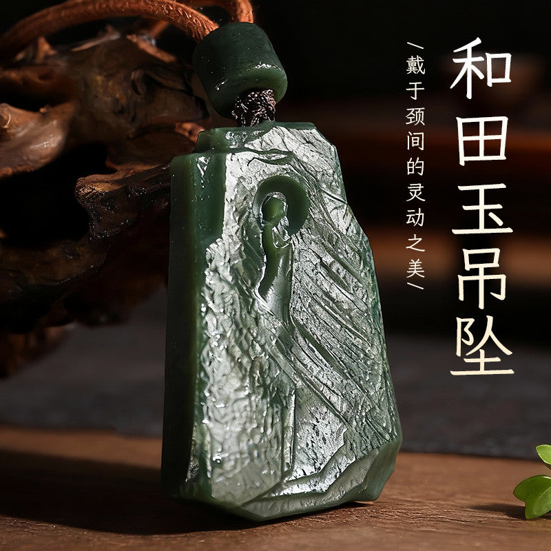 Retro-style Hetian Green Jade Pendant, Enlightenment Carving with Ancient Patterns, Festival Gift