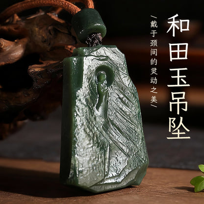 Retro-style Hetian Green Jade Pendant, Enlightenment Carving with Ancient Patterns, Festival Gift