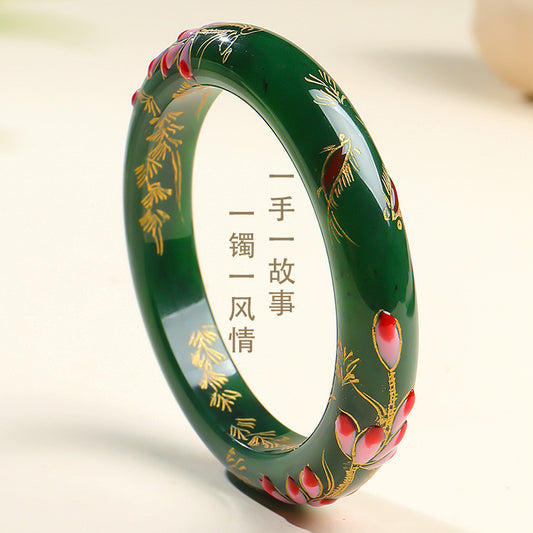 Blooming Splendor Hetian Jasper Bangle, Spinach Green Carved Bangle, Multiple Sizes Available