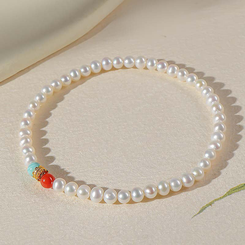 Light Luxury Freshwater Pearl Bracelet, Multi-gem Bracelet with Mini Pearls, Tourmaline & Turquoise