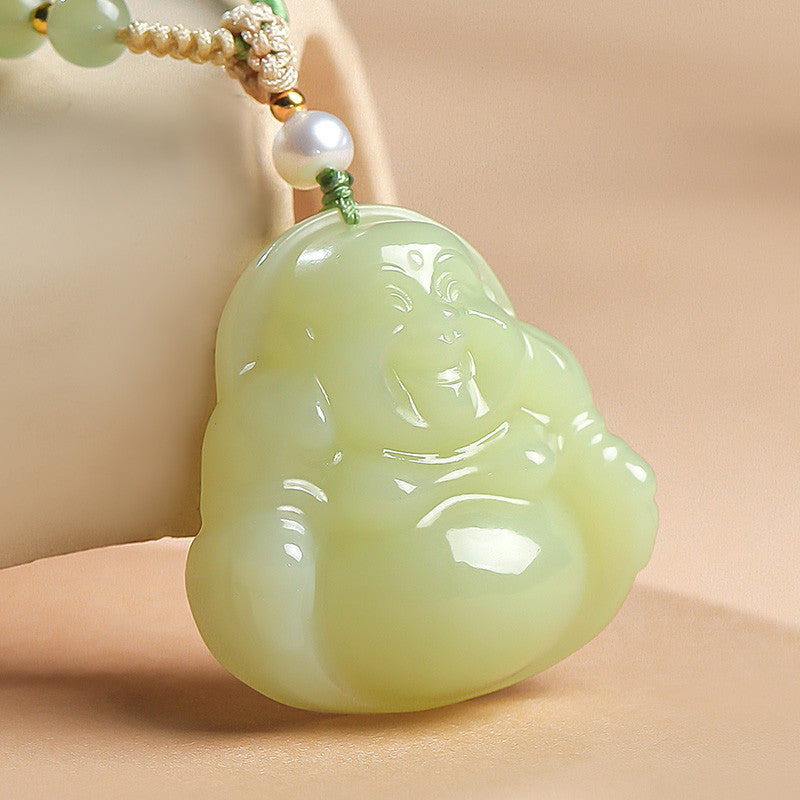 Blessing Harvest｜Yellow Skin Hetian Jade Double-Sided Carved Maitreya Pendant, Women Buddha Holiday Gift