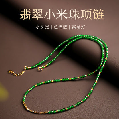 Imperial Green Jadeite Mini Bead Necklace, 3mm Clavicle Chain with Certificate