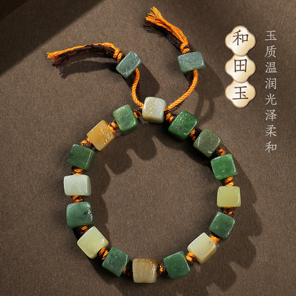 Vintage Style Hetian Jade Multi-tone Freeform Bead Bracelet with Weathered Texture, Unisex