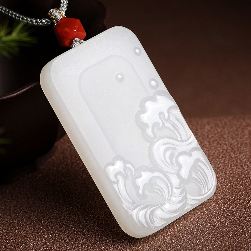 White Hetian Jade Pendant, Double-sided Carved Water Pattern Jade Ornament, Couple Style with Cord, Gift Ready