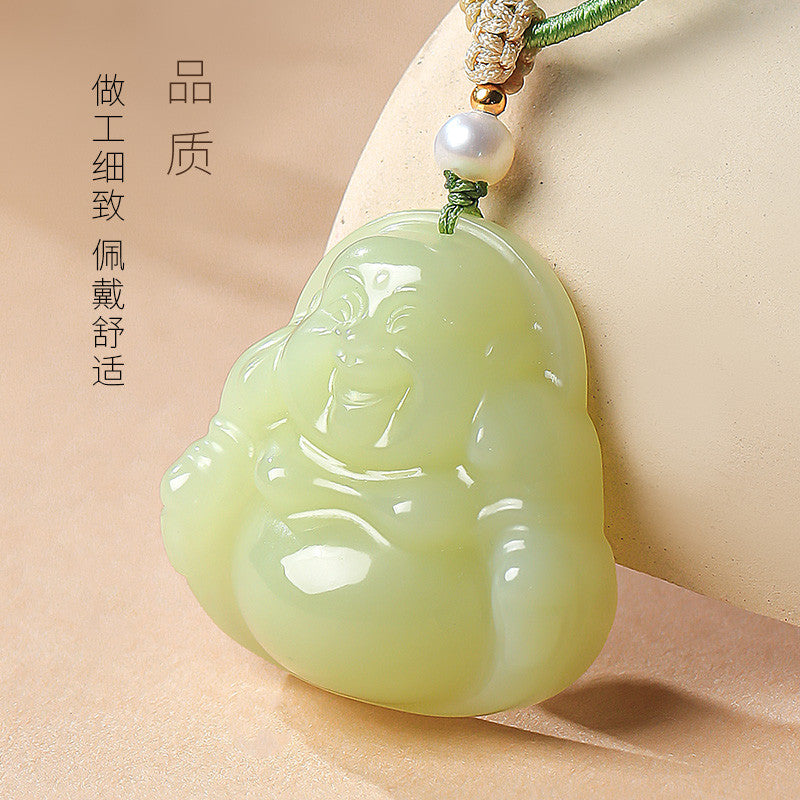 Blessing Harvest｜Yellow Skin Hetian Jade Double-Sided Carved Maitreya Pendant, Women Buddha Holiday Gift