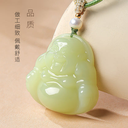 Blessing Harvest｜Yellow Skin Hetian Jade Double-Sided Carved Maitreya Pendant, Women Buddha Holiday Gift