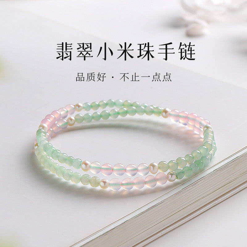 DIY Mini Bead Jadeite Bracelet, Women's Double-loop Bracelet with Pink Chalcedony, Fresh & Versatile