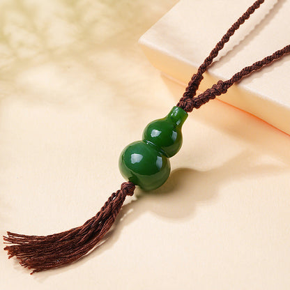 Spinach Green Hetian Jasper Gourd Pendant, Fortune & Blessing Jade Ornament with Cord