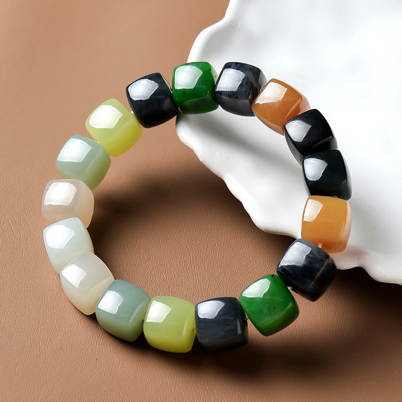 Blend with the World | Unisex Multi-color Hetian Jade Square Bead Bracelet & Handheld Ornament