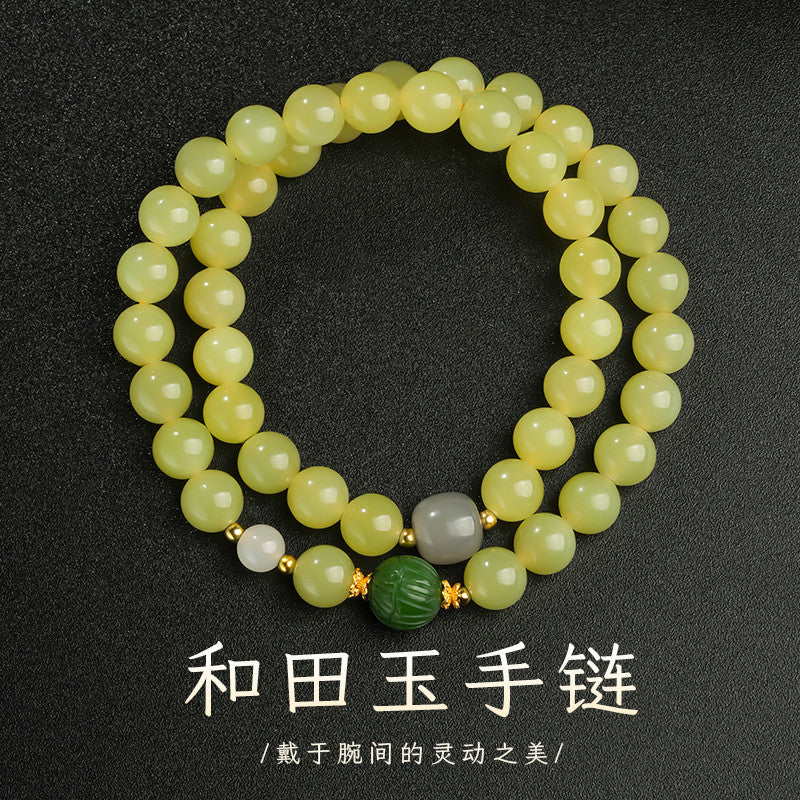 Glossy Hetian Yellow Jade Round Beads Multi-Gem Double-Layer Bracelet, Warm Tone Jewelry for Autumn & Winter
