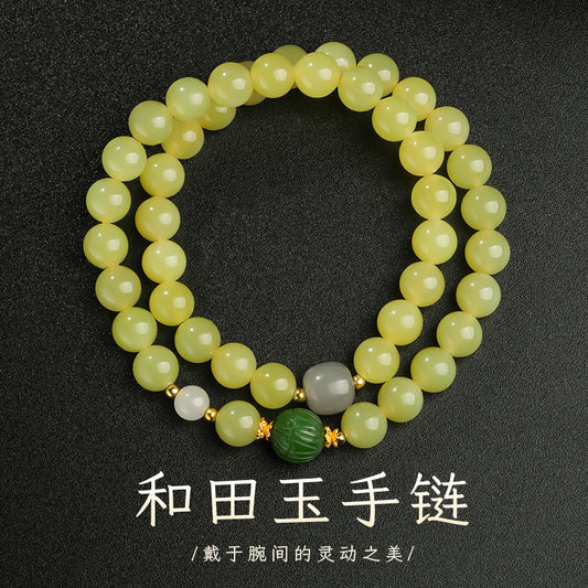 Glossy Hetian Yellow Jade Round Beads Multi-Gem Double-Layer Bracelet, Warm Tone Jewelry for Autumn & Winter