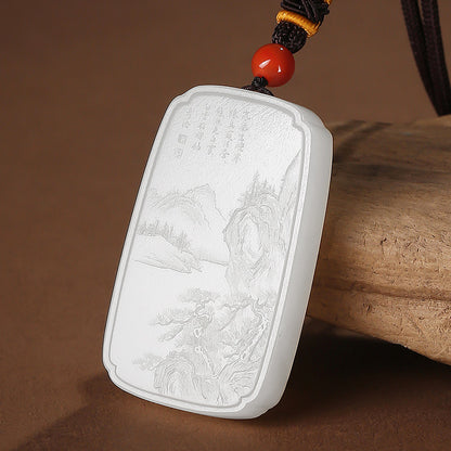 Master's Unique Piece | Hand Line-Carved Landscape Hetian Jade Pendant, Light Cyan & White Jade for Men & Women
