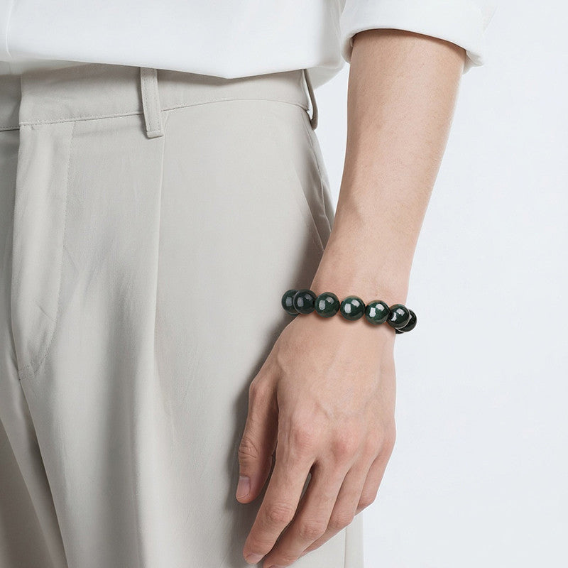 Unisex Green Hetian Jade Round Bead Single-row Bracelet, Festival Gift