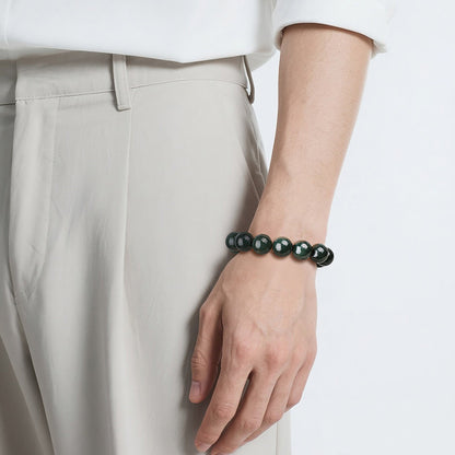 Unisex Green Hetian Jade Round Bead Single-row Bracelet, Festival Gift