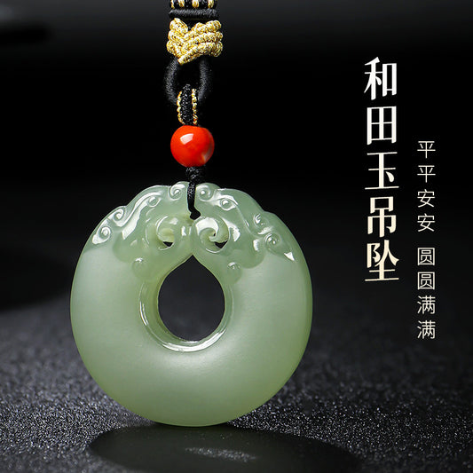 Pale Green Hetian Jade Hollow-Carved Double Dragon Safety Buckle Pendant, Unisex Jade Charm, With Certificate & Collectible Value