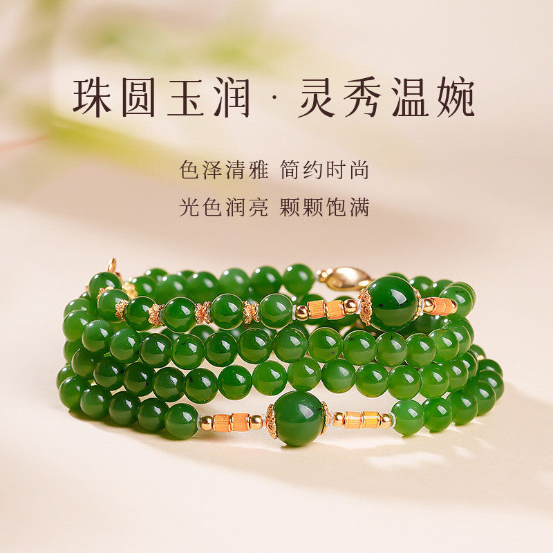 Hetian Jasper Necklace, Bright Green High-oil Round Bead & Gourd Jewelry, Multi-wear Style for Sweater Chain & Bracelet
