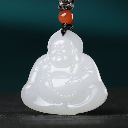 White Hetian Jade Buddha Pendant, Unisex Laughing Maitreya Buddha Jade Ornament
