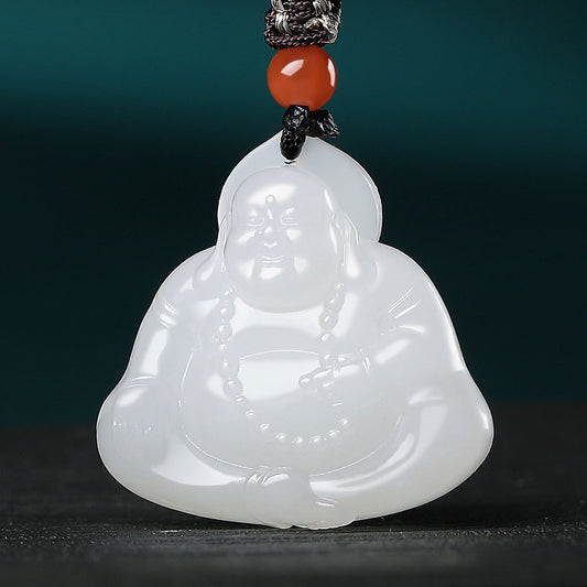 White Hetian Jade Buddha Pendant, Unisex Laughing Maitreya Buddha Jade Ornament