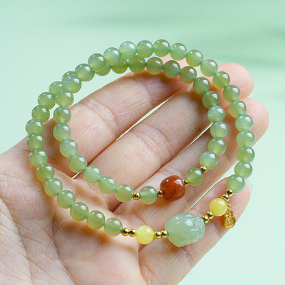 Icy Clear Water Light Cyan Hetian Jade Double-row Bracelet with Pixiu, Fashion Versatile Jewelry, Festival Gift