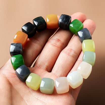Blend with the World | Unisex Multi-color Hetian Jade Square Bead Bracelet & Handheld Ornament