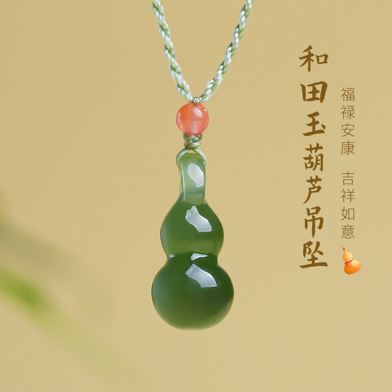 White & Lake Green Hetian Jade Small Gourd Pendant, Fortune Blessing Jade Charm