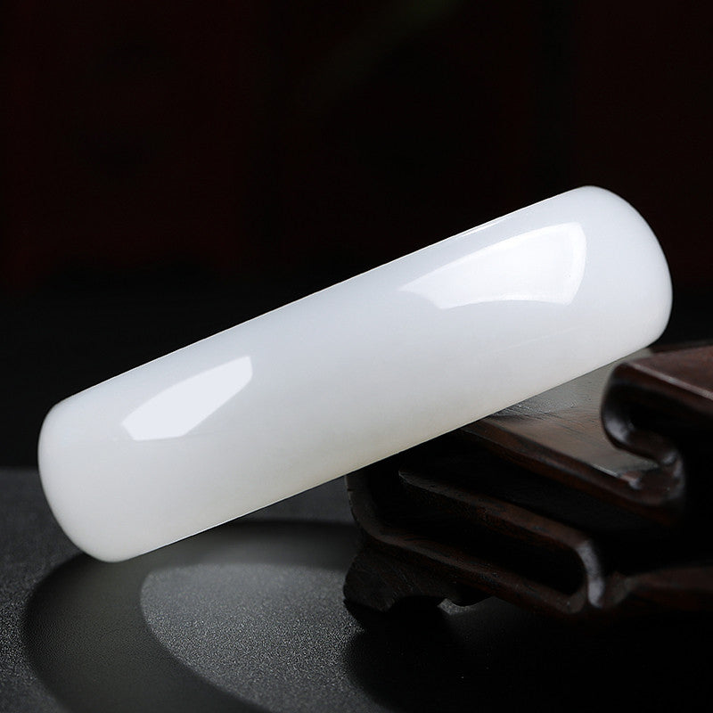 Heritage Grade Hetian Jade Bangle, Creamy White Wide Band Peace Bracelet