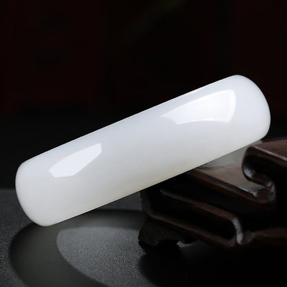 Heritage Grade Hetian Jade Bangle, Creamy White Wide Band Peace Bracelet
