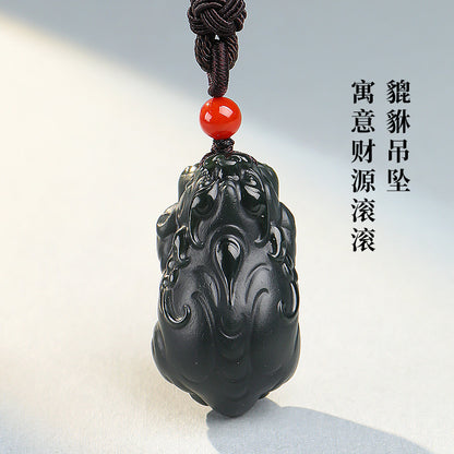 Tower Green Fine Material Hetian Jade Pixiu Pendant, Three-dimensional Divine Beast Cyan Jade Ornament with Certificate